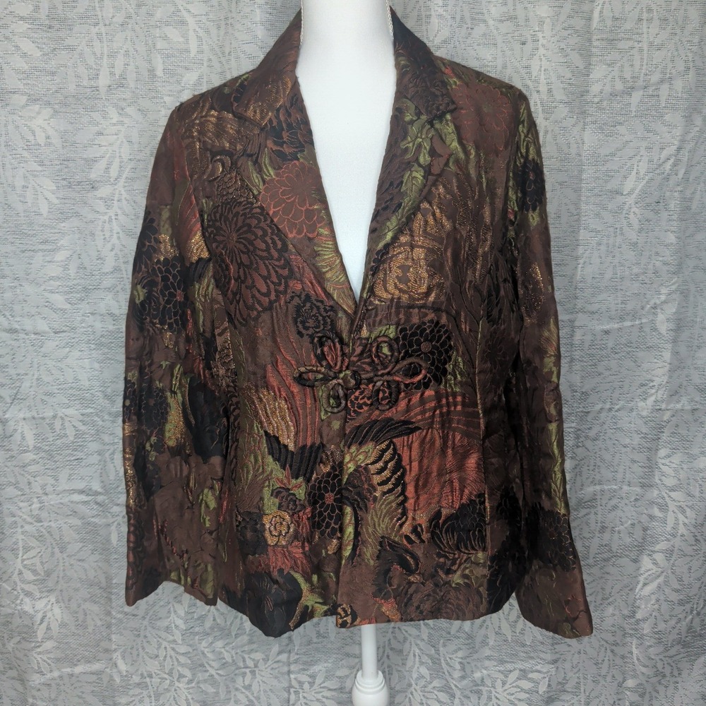 Vintage Harari Silk Brocade Floral Bird Blazer Jacket Brown Copper Large ETTBR3